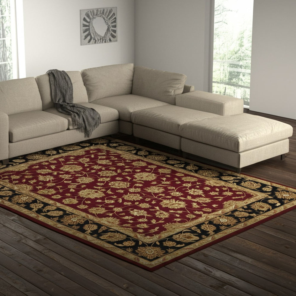 HomeRoots 8' Red Black Gold Oriental Hand-Tufted Area Rug – Luxurious, Stain-Resistant, Family-Friendly Design 617187