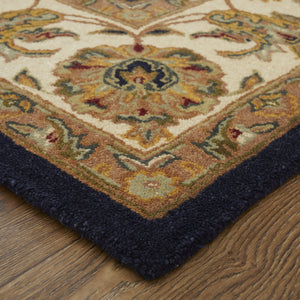 Homeroots 5' Hand-tufted Area Rug In Elegant Oriental Design - Stain Resistant, Unique Artisan Craftsmanship Blue,Tan,Gold Wool Blend 617197