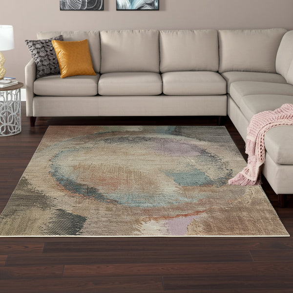 Homeroots 10' X 13' Stylish Abstract Distressed Area Rug - Durable, Stain-resistant, Perfect For Any Space! Brown,Tan,Blue Polypropylene Blend 617204