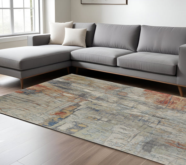 Homeroots 10' X 14' Abstract Distressed Area Rug - Stain Resistant, Premium Wool Blend For Stylish Comfort Gray,Orange,Ivory Wool Blend 617219
