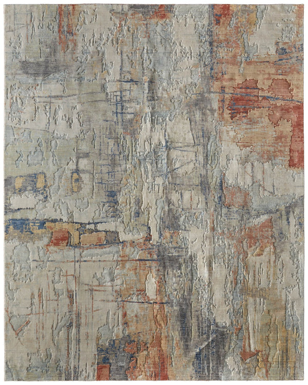 Homeroots 10' X 14' Abstract Distressed Area Rug - Stain Resistant, Premium Wool Blend For Stylish Comfort Gray,Orange,Ivory Wool Blend 617219