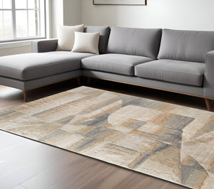 Homeroots 10' X 14' Abstract Area Rug - Luxurious Wool Blend, Stain Resistant, Perfect For Kids & Pets Tan,Brown,Gray Wool Blend 617234