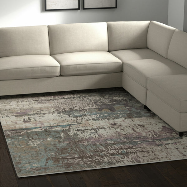 Homeroots 10' X 13' Abstract Distressed Area Rug - Durable, Stain Resistant, Perfect For Homes With Kids & Pets Ivory,Blue,Purple Polypropylene Blend 617235