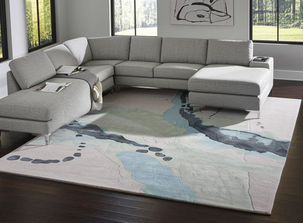 Homeroots 10' Hand-tufted Abstract Area Rug - Unique Artisan Craftsmanship For Stylish Home Décor & Warmth Green,Blue,Ivory Wool Blend 617236