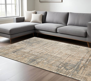 Homeroots 10' X 14' Abstract Distressed Area Rug - Stylish & Stain Resistant, Perfect For Pets & Kids' Spaces Ivory,Tan,Gray Wool Blend 617252
