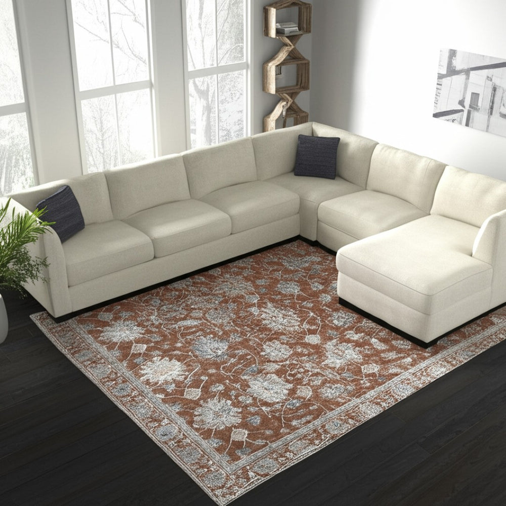 HomeRoots 9' X 13' Bohemian Red Ivory & Blue Floral Area Rug with Fringe - Durable, Stain-Resistant Design! 617253