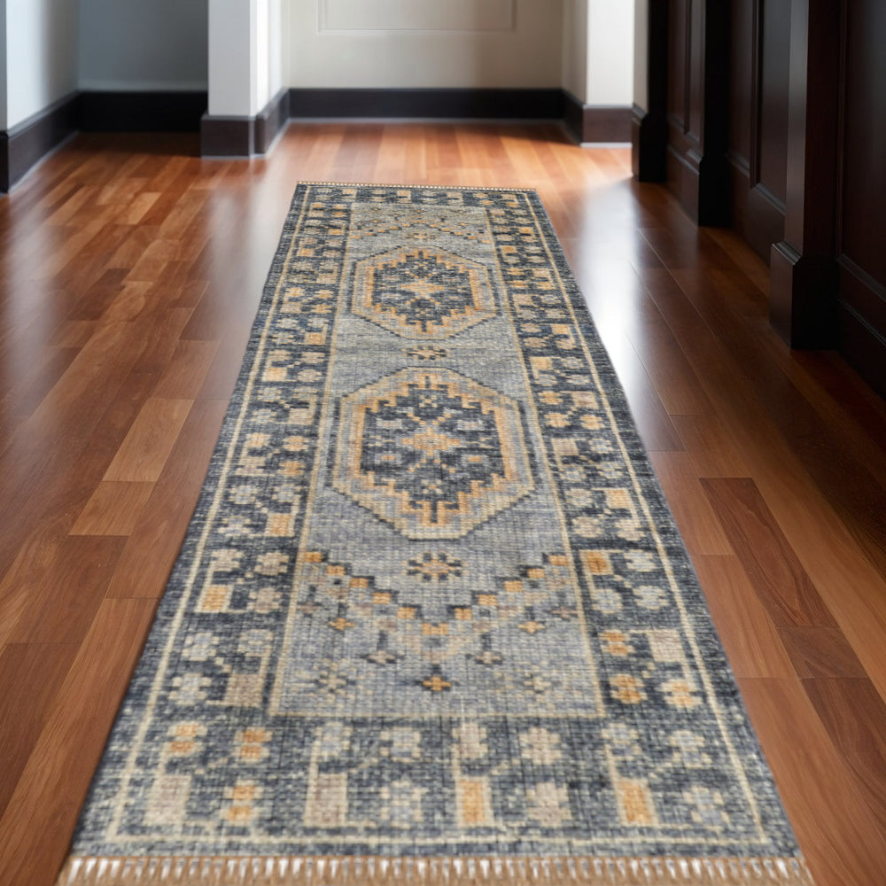 Homeroots 12' Blue And Gray Hand Knotted Runner Rug With Fringe – Stain Resistant, Unique Design For Any Space Blue,Gray Wool Blend 617257
