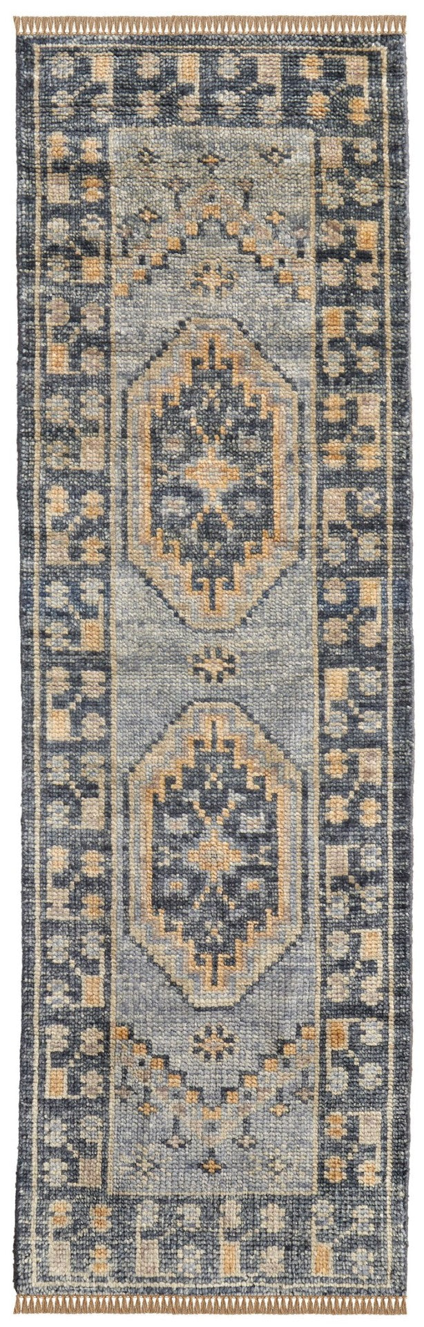 HomeRoots 12' Hand-Knotted Blue Gray & Tan Oriental Runner Rug – Durable, Stylish, Stain-Resistant Design! 617257
