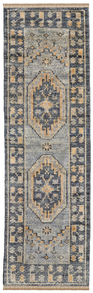 HomeRoots 12' Hand-Knotted Blue Gray & Tan Oriental Runner Rug – Durable, Stylish, Stain-Resistant Design! 617257