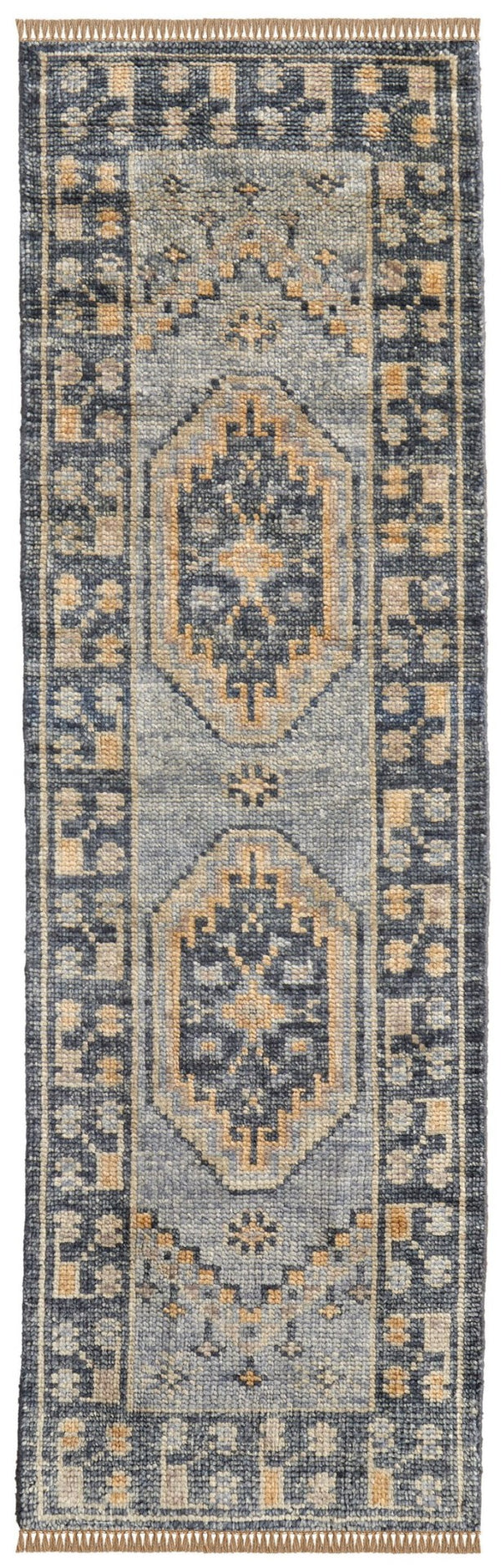 HomeRoots 12' Hand-Knotted Blue Gray & Tan Oriental Runner Rug – Durable, Stylish, Stain-Resistant Design! 617257