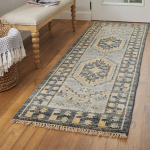 Homeroots 12' Blue And Gray Hand Knotted Runner Rug With Fringe – Stain Resistant, Unique Design For Any Space Blue,Gray Wool Blend 617257