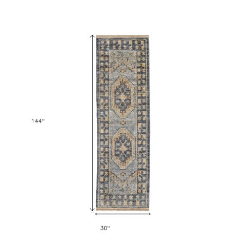 Homeroots 12' Blue And Gray Hand Knotted Runner Rug With Fringe – Stain Resistant, Unique Design For Any Space Blue,Gray Wool Blend 617257