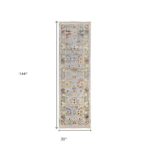 Homeroots 12' Hand Knotted Floral Runner Rug With Fringe - Stain Resistant Wool Blend For Stylish Home Décor Blue,Taupe,Gray Wool Blend 617258