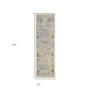 Homeroots 12' Hand Knotted Floral Runner Rug With Fringe - Stain Resistant Wool Blend For Stylish Home Décor Blue,Taupe,Gray Wool Blend 617258