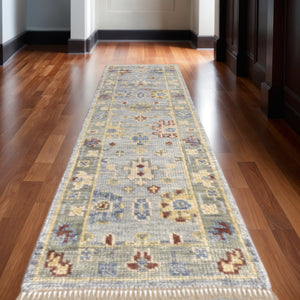 Homeroots 12' Hand Knotted Floral Runner Rug With Fringe - Stain Resistant Wool Blend For Stylish Home Décor Blue,Taupe,Gray Wool Blend 617258