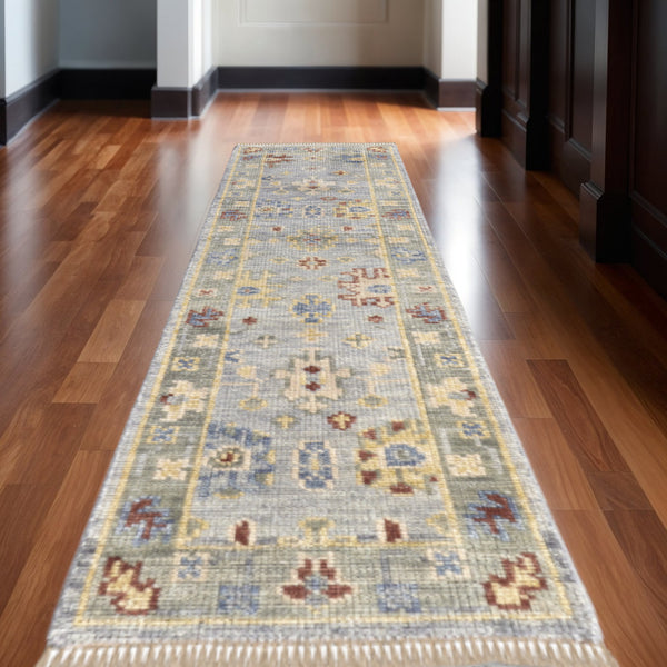 Homeroots 12' Hand Knotted Floral Runner Rug With Fringe - Stain Resistant Wool Blend For Stylish Home Décor Blue,Taupe,Gray Wool Blend 617258