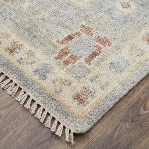 Homeroots 12' Hand Knotted Floral Runner Rug With Fringe - Stain Resistant Wool Blend For Stylish Home Décor Blue,Taupe,Gray Wool Blend 617258