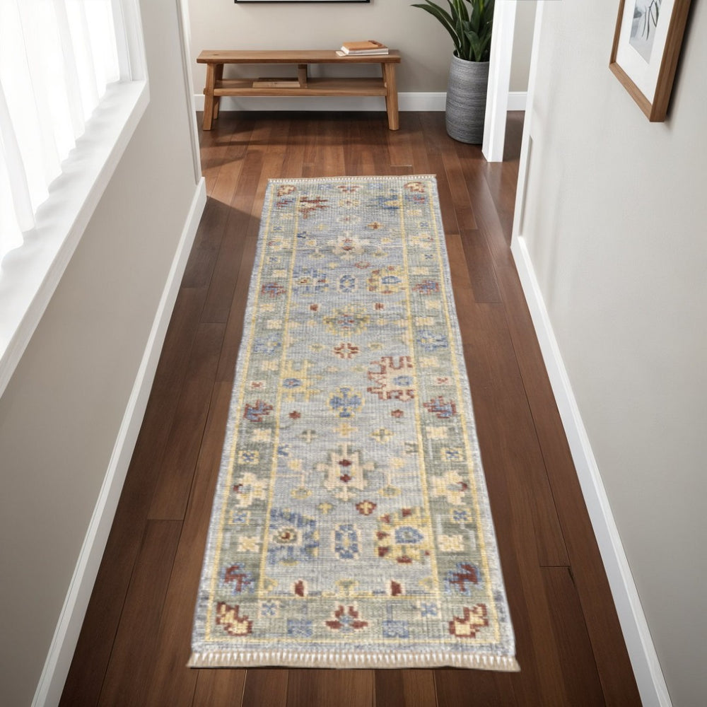 HomeRoots 12' Hand-Knotted Floral Runner Rug in Blue, Taupe & Gray - Elegant Fringe for Timeless Style 8' Runner 617259