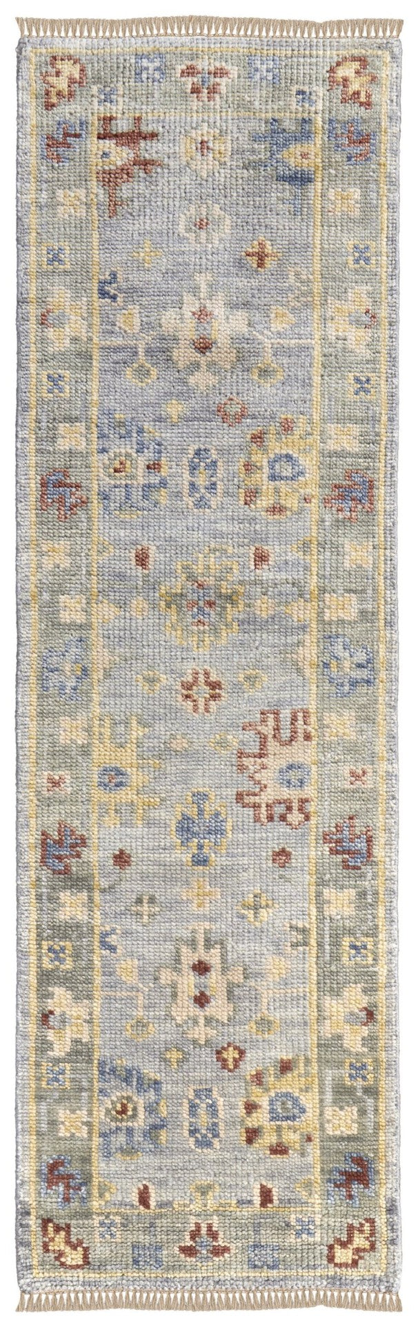 HomeRoots 12' Hand-Knotted Floral Runner Rug in Blue, Taupe & Gray - Elegant Fringe for Timeless Style 8' Runner 617259