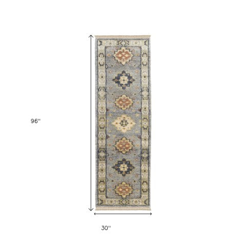 Homeroots 8' Geometric Hand Knotted Runner Rug With Fringe - Unique Artisan Craftsmanship For Stylish Spaces Blue,Taupe,Gray Wool Blend 617260