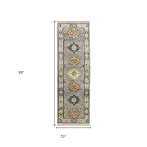 Homeroots 8' Geometric Hand Knotted Runner Rug With Fringe - Unique Artisan Craftsmanship For Stylish Spaces Blue,Taupe,Gray Wool Blend 617260