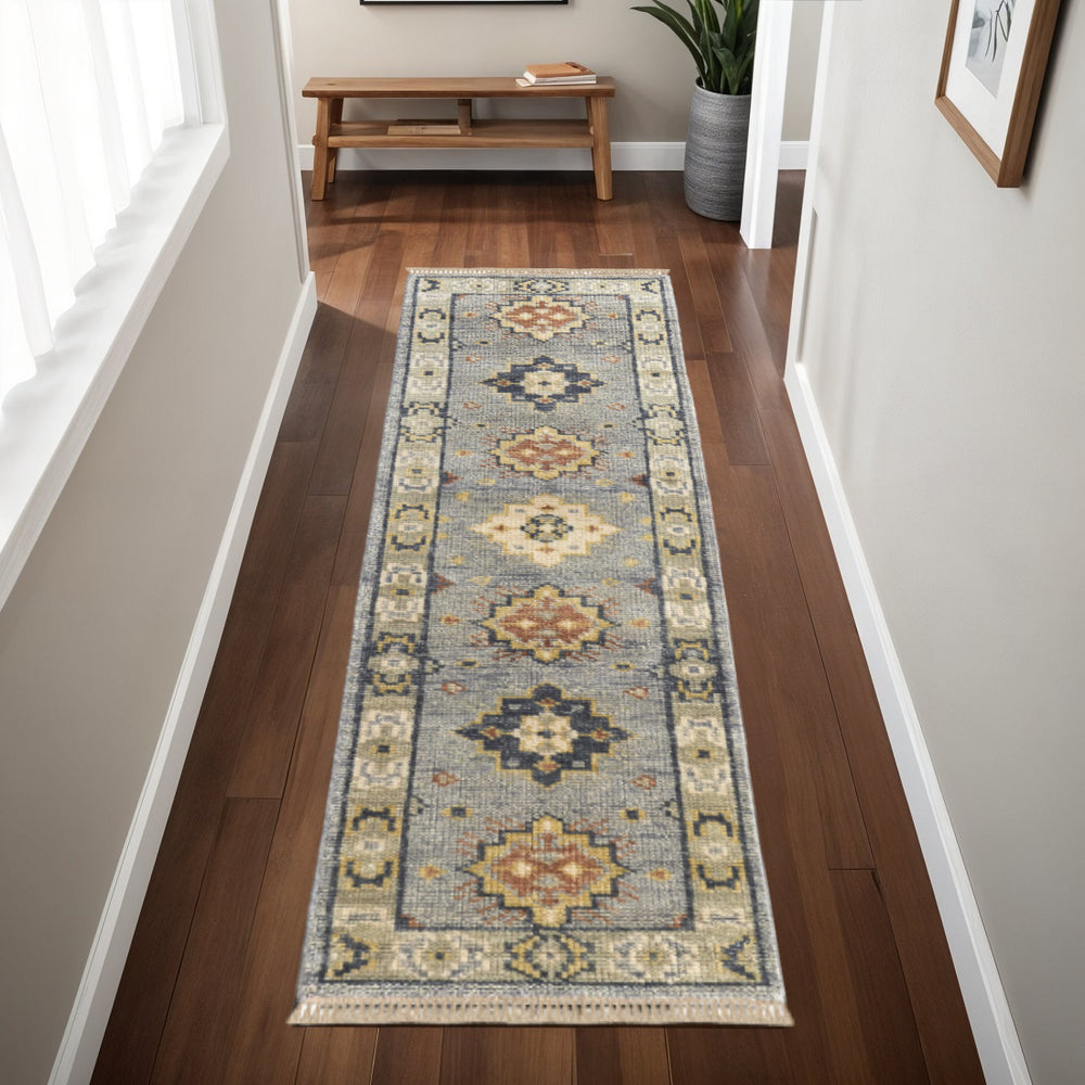 Homeroots 8' Geometric Hand Knotted Runner Rug With Fringe - Unique Artisan Craftsmanship For Stylish Spaces Blue,Taupe,Gray Wool Blend 617260