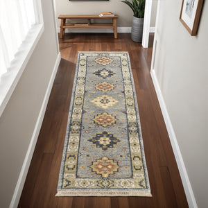 Homeroots 8' Geometric Hand Knotted Runner Rug With Fringe - Unique Artisan Craftsmanship For Stylish Spaces Blue,Taupe,Gray Wool Blend 617260
