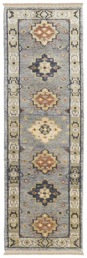 HomeRoots 8' Hand-Knotted Geometric Runner Rug in Blue, Taupe, and Gray with Fringe for Stylish Spaces 8' Runner 617260