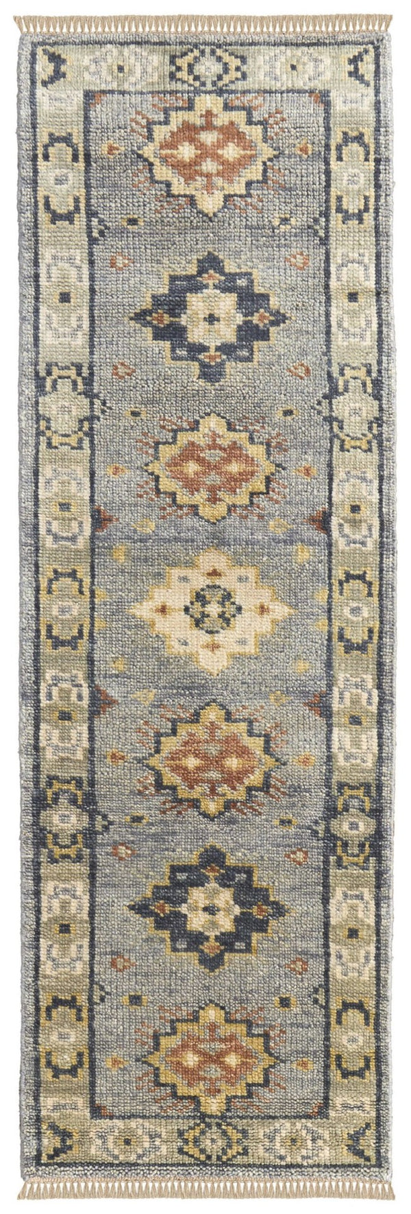 HomeRoots 8' Hand-Knotted Geometric Runner Rug in Blue, Taupe, and Gray with Fringe for Stylish Spaces 8' Runner 617260