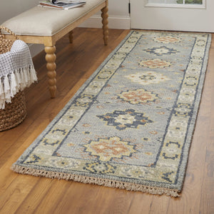 Homeroots 8' Geometric Hand Knotted Runner Rug With Fringe - Unique Artisan Craftsmanship For Stylish Spaces Blue,Taupe,Gray Wool Blend 617260