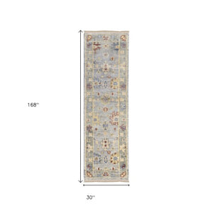 Homeroots 12' Hand Knotted Floral Runner Rug With Fringe - Stain Resistant Wool Blend For Stylish Home Décor Blue,Taupe,Gray Wool Blend 617261
