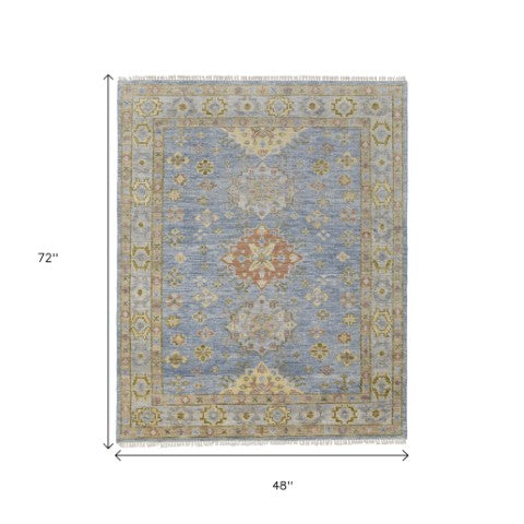 Homeroots 8' Geometric Hand Knotted Runner Rug With Fringe - Unique Artisan Craftsmanship For Stylish Spaces Blue,Green,Yellow Wool Blend 617262