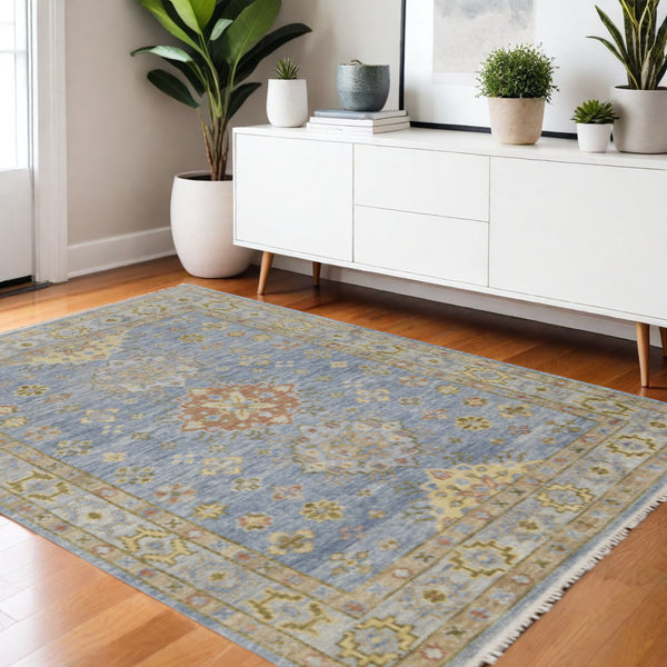 Homeroots 8' Geometric Hand Knotted Runner Rug With Fringe - Unique Artisan Craftsmanship For Stylish Spaces Blue,Green,Yellow Wool Blend 617262