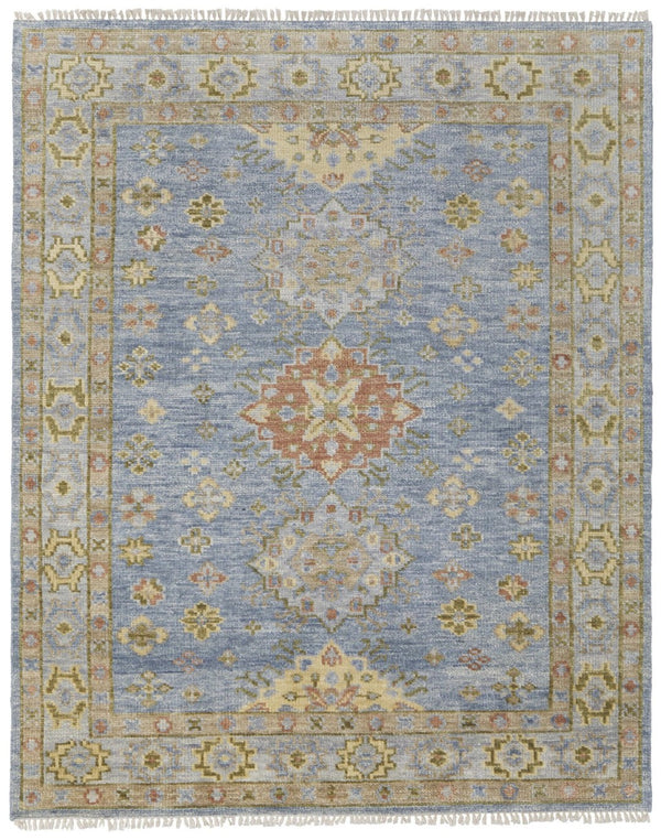 HomeRoots 8' Hand-Knotted Geometric Runner Rug in Blue, Taupe, and Gray with Fringe for Stylish Spaces 4' X 6' 617262