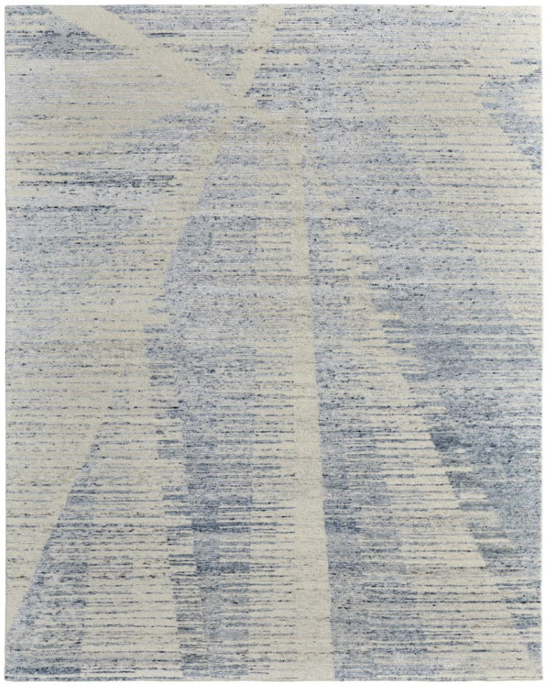 HomeRoots 8 Foot by 12 Hand Knotted Wool Abstract Distressed Rug in Ivory Blue Silver 617277