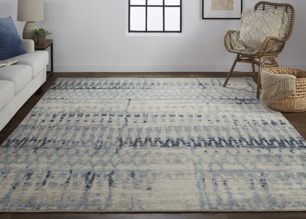 Homeroots 8' X 12' Blue And Tan Abstract Hand Knotted Area Rug - Stain Resistant, Unique Artistry For Your Home Blue,Tan Wool Blend 617279