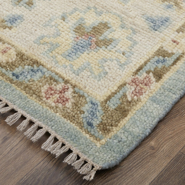 Homeroots 9' Blue Ivory Yellow Floral Hand Knotted Area Rug With Fringe - Stain Resistant, Artisan Crafted Beauty Blue,Ivory,Yellow Wool Blend 617281
