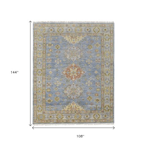 Homeroots 8' Geometric Hand Knotted Runner Rug With Fringe - Unique Artisan Craftsmanship For Stylish Spaces Blue,Green,Yellow Wool Blend 617282