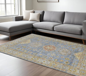 Homeroots 8' Geometric Hand Knotted Runner Rug With Fringe - Unique Artisan Craftsmanship For Stylish Spaces Blue,Green,Yellow Wool Blend 617282