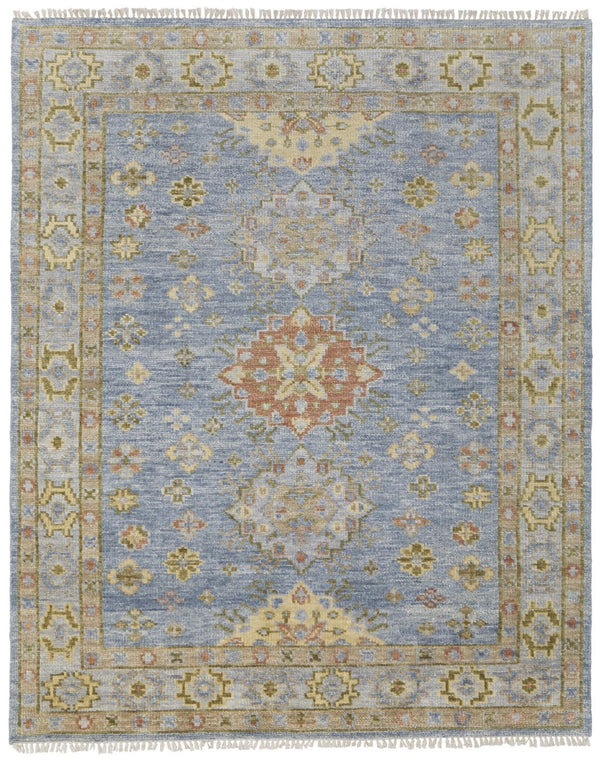 HomeRoots 8' Hand-Knotted Geometric Runner Rug in Blue, Taupe, and Gray with Fringe for Stylish Spaces 9' X 12' 617282