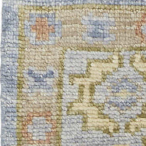 Homeroots 8' Geometric Hand Knotted Runner Rug With Fringe - Unique Artisan Craftsmanship For Stylish Spaces Blue,Green,Yellow Wool Blend 617282