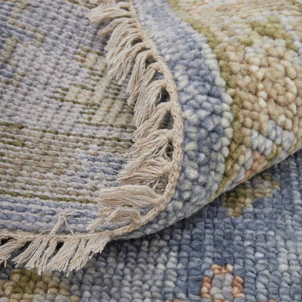 Homeroots 8' Geometric Hand Knotted Runner Rug With Fringe - Unique Artisan Craftsmanship For Stylish Spaces Blue,Green,Yellow Wool Blend 617282