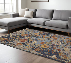 Homeroots 9' X 13' Hand Knotted Area Rug In Vibrant Blue, Orange & Red Floral Design With Trendy Fringe Blue,Orange,Red Wool Blend 617284