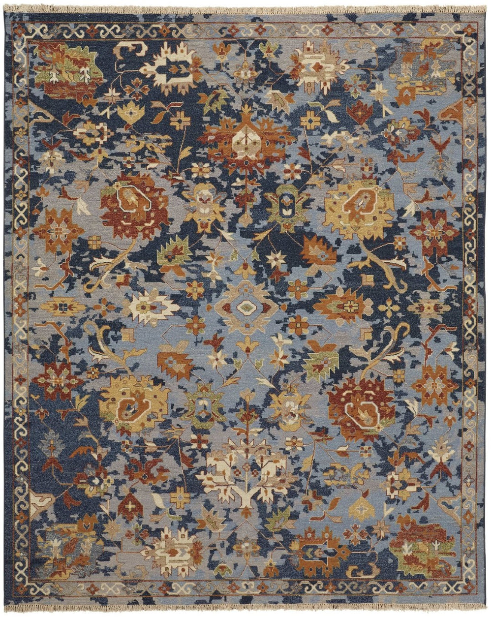 HomeRoots 9' X 13' Floral Hand-Knotted Area Rug in Blue-Gray & Red - Elegant, Stain-Resistant, Fringe Design 617284