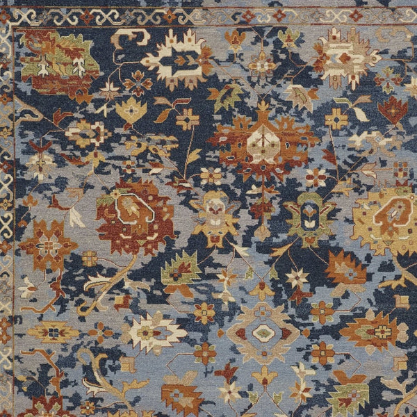 Homeroots 9' X 13' Hand Knotted Area Rug In Vibrant Blue, Orange & Red Floral Design With Trendy Fringe Blue,Orange,Red Wool Blend 617284