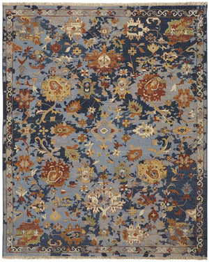 Homeroots 9' X 13' Hand Knotted Area Rug In Vibrant Blue, Orange & Red Floral Design With Trendy Fringe Blue,Orange,Red Wool Blend 617284
