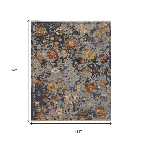 Homeroots 9' X 13' Hand Knotted Area Rug In Vibrant Blue, Orange & Red Floral Design With Trendy Fringe Blue,Orange,Red Wool Blend 617284
