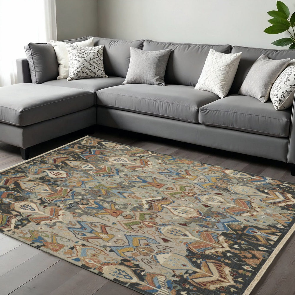 HomeRoots 9' X 13' Hand-Knotted Ikat Area Rug in Blue-Gray & Brown - Stylish, Durable, and Family-Friendly! 617285