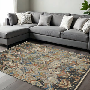 HomeRoots 9' X 13' Hand-Knotted Ikat Area Rug in Blue-Gray & Brown - Stylish, Durable, and Family-Friendly! 617285