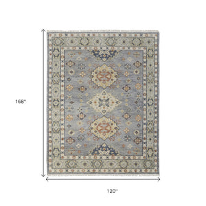 Homeroots 8' Geometric Hand Knotted Runner Rug With Fringe - Unique Artisan Craftsmanship For Stylish Spaces Blue,Taupe,Gray Wool Blend 617289